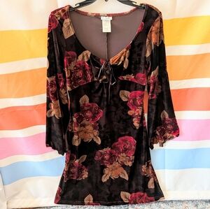 Vintage Velvet Dress Brown Red Black Gold Dark Acadamia Bell Sleeves Witchy 90s
